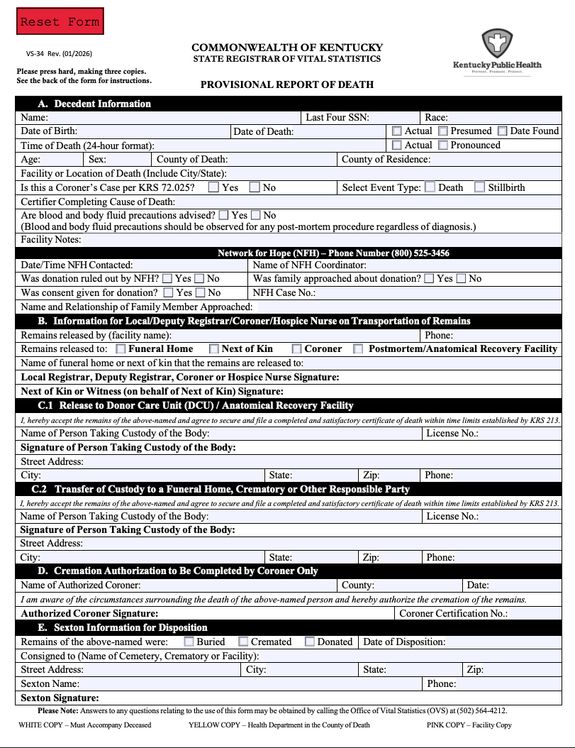 Important Update: Provisional Report of Death Form