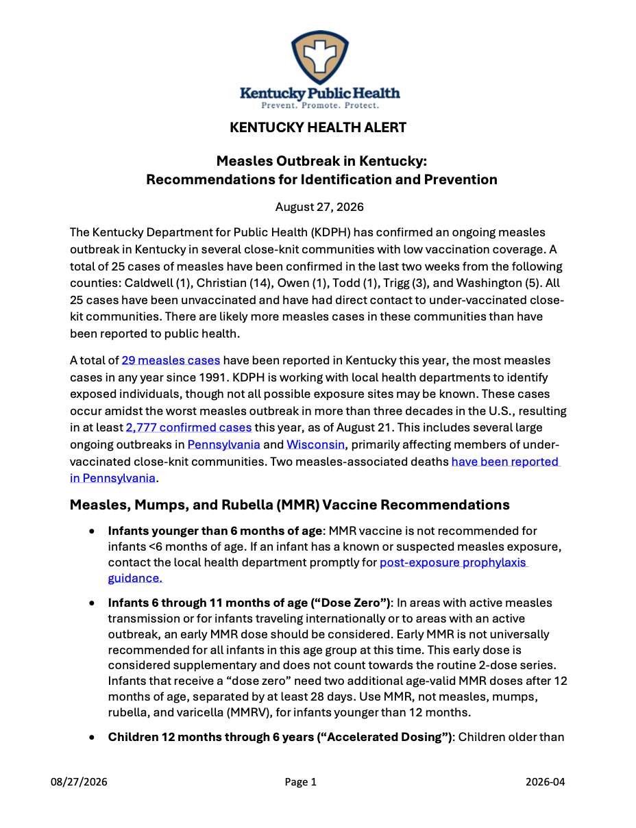 Measles Outbreak in Kentucky: Recommendations for Identification and Prevention
